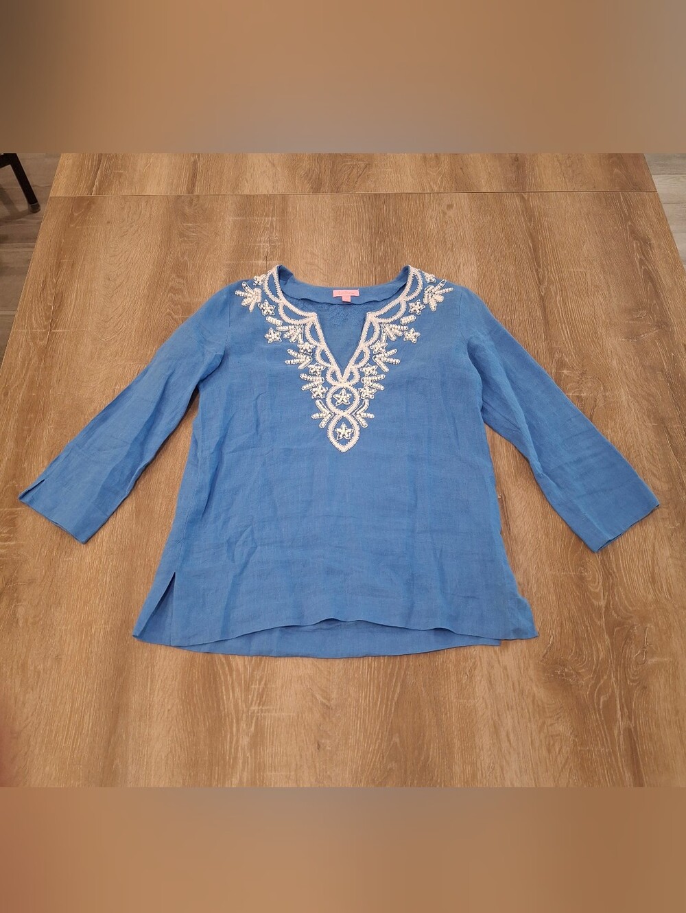 Lilly Pulitzer Embellished Linen Tunic Top Women's Small Blue *603*